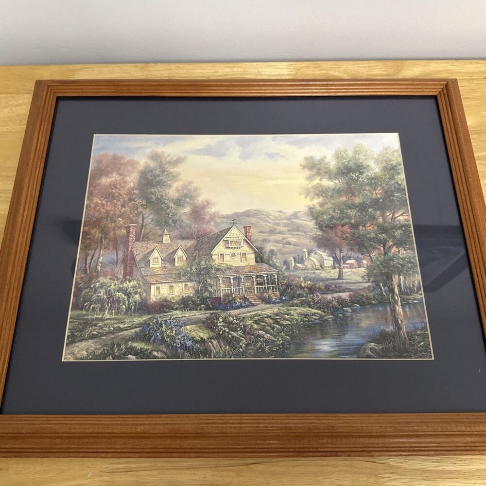 "River Front Cottage Floral Garden” Carl Valente Matted Print Wooden Oak Frame